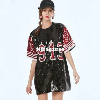 

Fashion Sequined Digital Contrast T-Shirt Women T Shirt Harajuku Tshirt Trendy Hip-hop Performance Sequins Tops Tee Tshirts