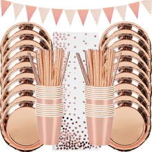 Tableware-Set Plates Paper-Cups Straws Birthday-Party-Supplies Rose-Gold Wedding Party Disposable