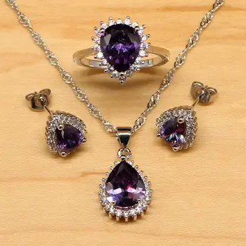 

Purple CZ White Zircon Women 925 Sterling Silver Jewelry Set Earrings/Pendant/Necklace/Rings Free Boite Cadeau T032