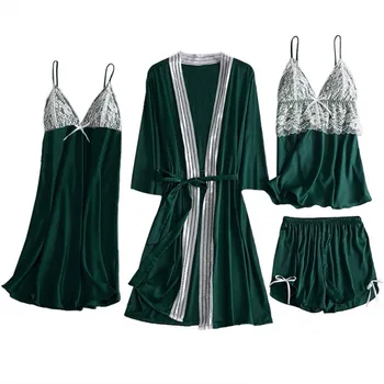 

Hot Women 4 Pieces Pajamas Set Silk Satin Robe Lace Trim Bow Gown Dress Camisole Shorts Sleepwear Suit Plus Size 3XL