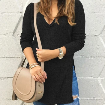 

Winter Women Sweater Women V Neck Sweater Split Knitted Tops Womens Pullover Long Sleeve Sweaters Casual Ladies Sweaters