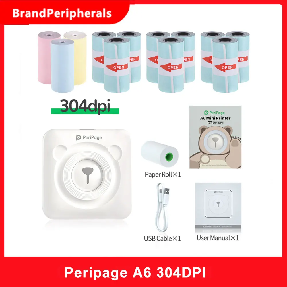 Peripage A6 304DPI мини фото BT принтер карманная фотография Φ с 13 рулонами бумаги для