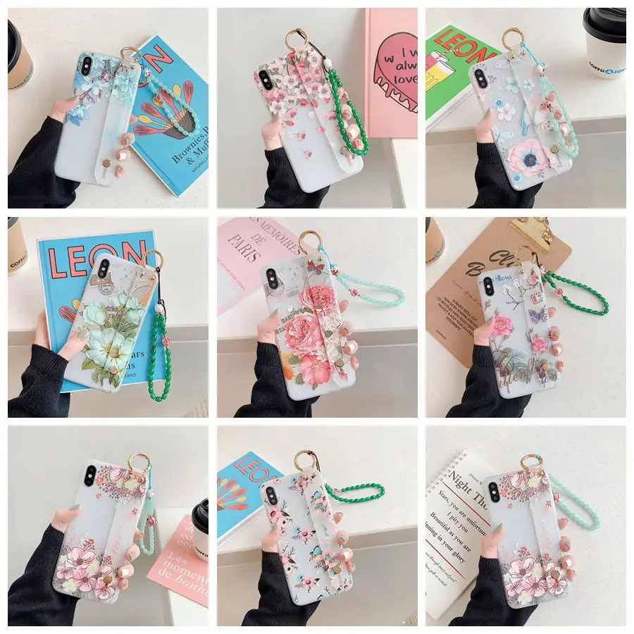 

Flower Silicon Phone Case For iphone 11 Pro Max XS MAX XR 7 8 Plus Wristband Transfer Bead Bracelet TPU Case