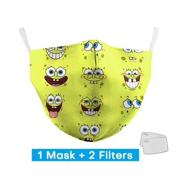 

2020 Woman SpongeBob Cute Print Masks With 2 Free Filters Personal Protective PM2.5 Face Mask Adult Reusable Washable Mouth Mask