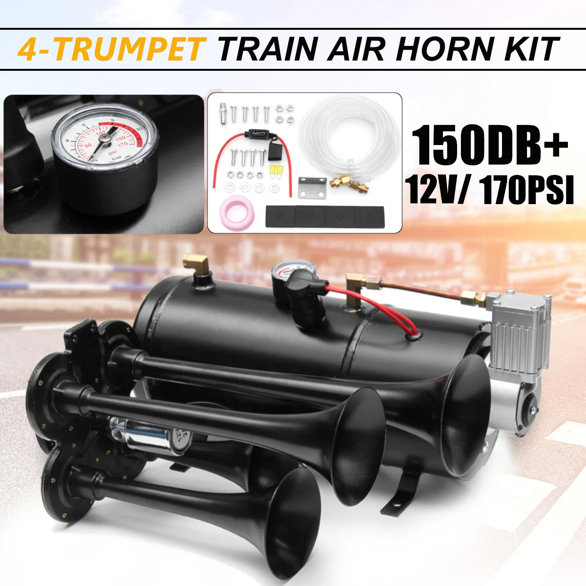 150 дБ грузовик поезд Quad 4 труба Воздушный Рог Комплект черный 170 PSI DC12V 3 литров