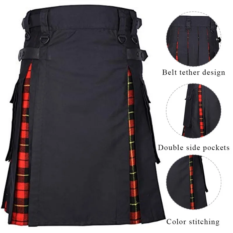 Горячая шотландская Мужская Kilt традиционный Клетчатый Ремень плиссированная Двусторонняя цепь коричневый готический панк шотландская юбка брюки