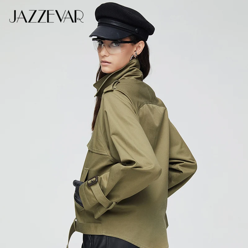Goedkoop JAZZEVAR 2019 Nieuwe collectie herfst trenchcoat vrouwen mode katoen double breasted korte losse kleding bovenkleding 9018