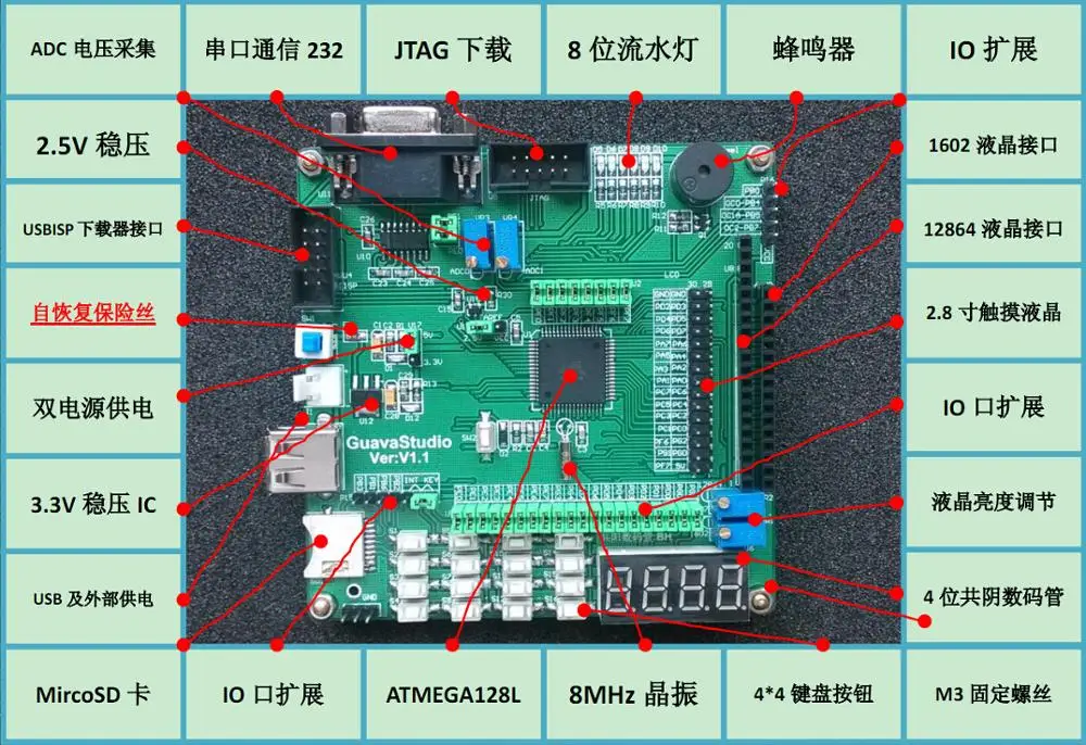 

Atmega128A development board ATMEGA128 development board to send downloader dual power supply