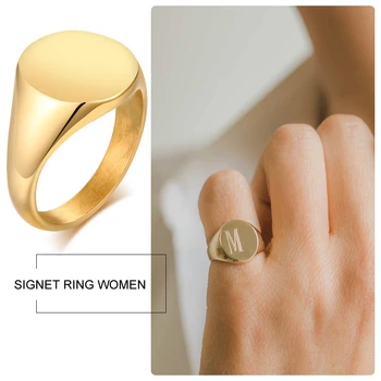 Personalized Stainless Steel Signet Ring In Gold Color Engraving Initial Letter Pinky Women Ring