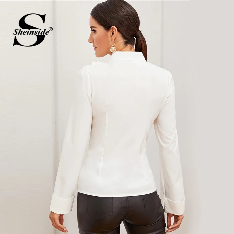 Goedkoop Sheinside Elegante Stand Kraag Ruches Detail Blouse Vrouwen 2019 Herfst Effen Minimalistische Blouses Office Dames Werkkleding Top