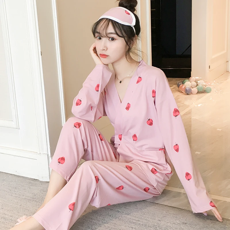 

Eye mask Autumn Girls Pijama Mujer Winter Comfortable Women Pajamas Sets Long Sleeve Kimono Home Wear Serve cute pink Sleepwear