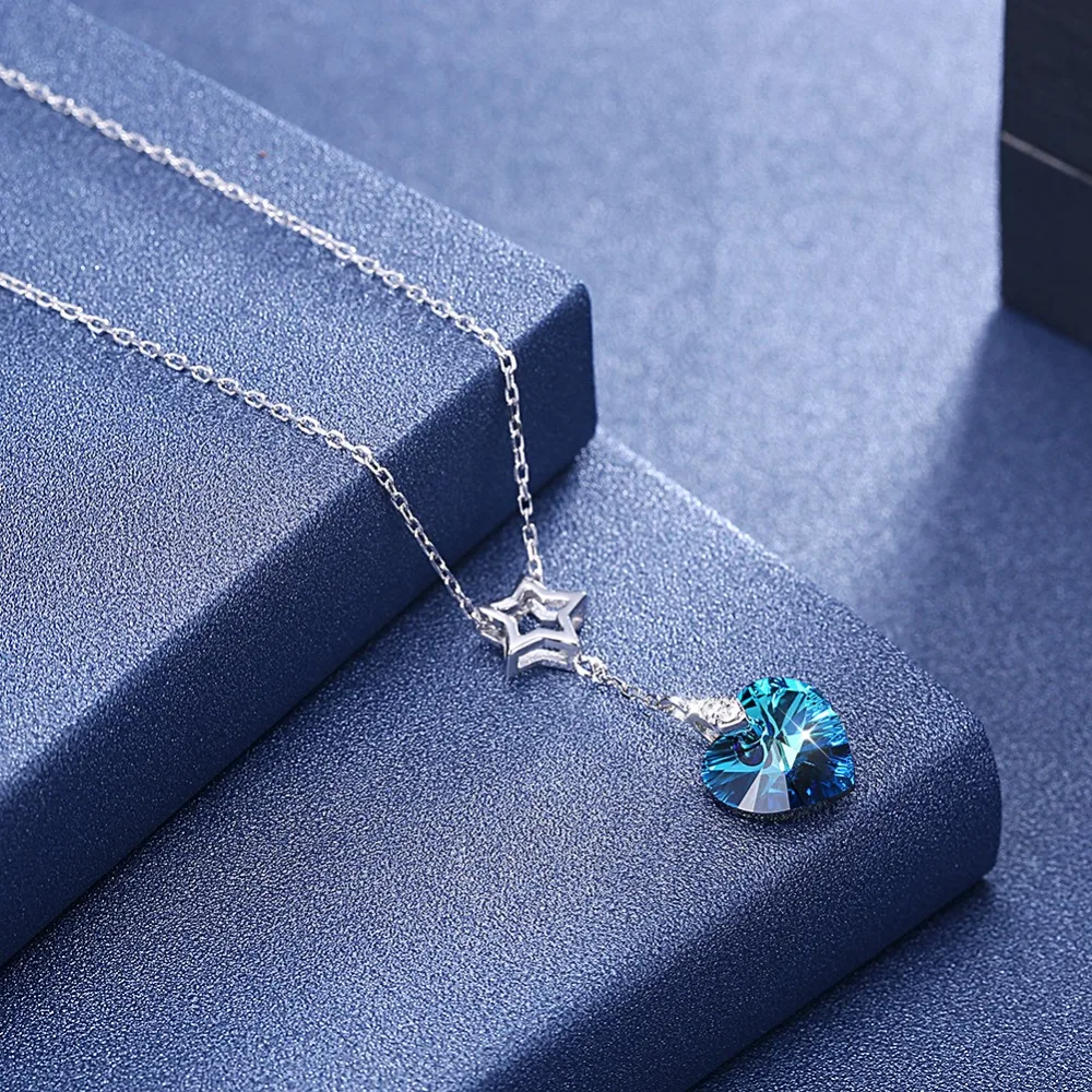Ожерелье LEKANI с кристаллами Swarovski из стерлингового серебра 925 пробы, подвеска с синим кристаллом в виде сердца, романтический подарок для женщин, хорошее ювелирное изделие