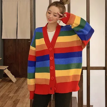 

Women Loose Rainbow Striped Cardigan V Neck Single Breasted Knitted Coat Korean Harajuku Overszied Long Sleeve Sweaters ！