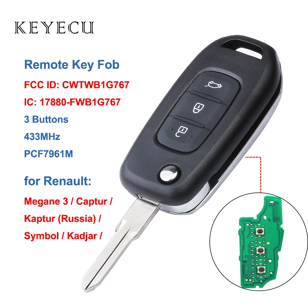 

Keyecu CWTWB1G767 VAC102 Remote Car Key Fob 3 Buttons 433Mhz with PCF7961M Chip for Renault Megane 3 Captur Symbol Kadjar Kaptur
