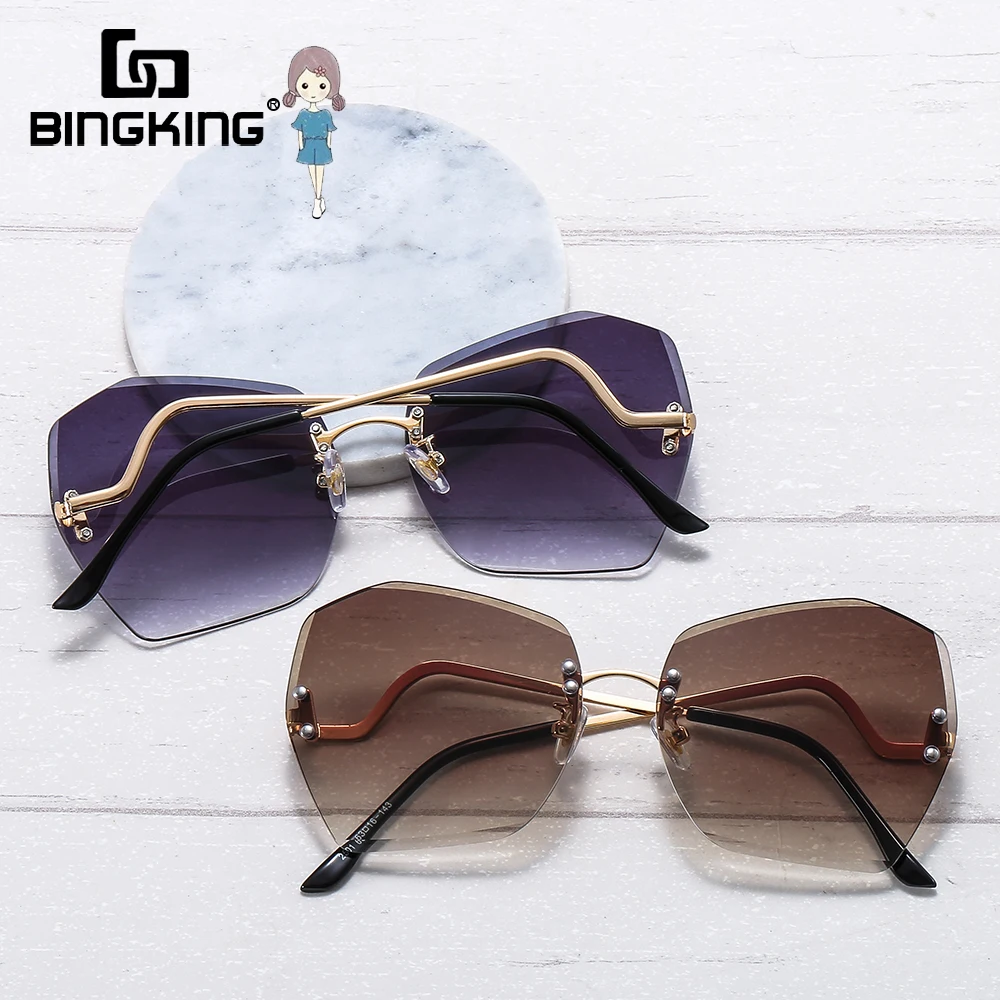 Bingking Rimless Sunglasses Women Metal Sunglasses Fashion Shades Luxury Brand Square Gradient Lens Curvy Temples 2020 Glasses