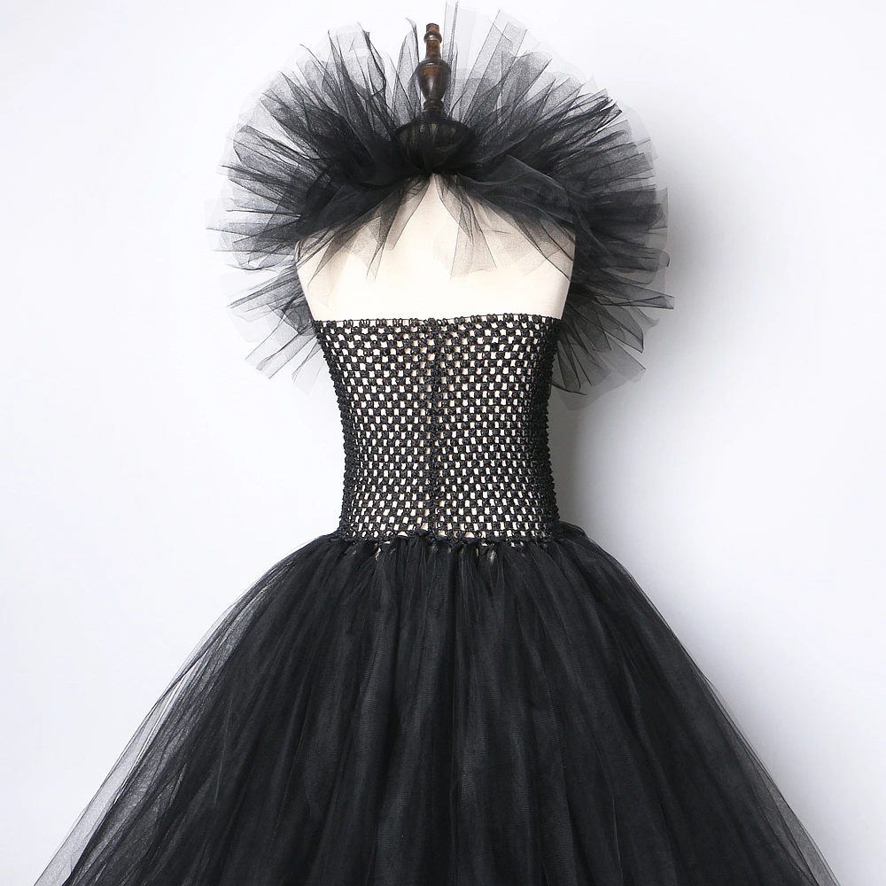 Solid Black Maleficent Halloween Costumes Girls Kids Witch Long Tutu Dress Ankle Ball Gown Devil Cosplay Outfit Horns Wings girls dress,princess costume,kids clothes
