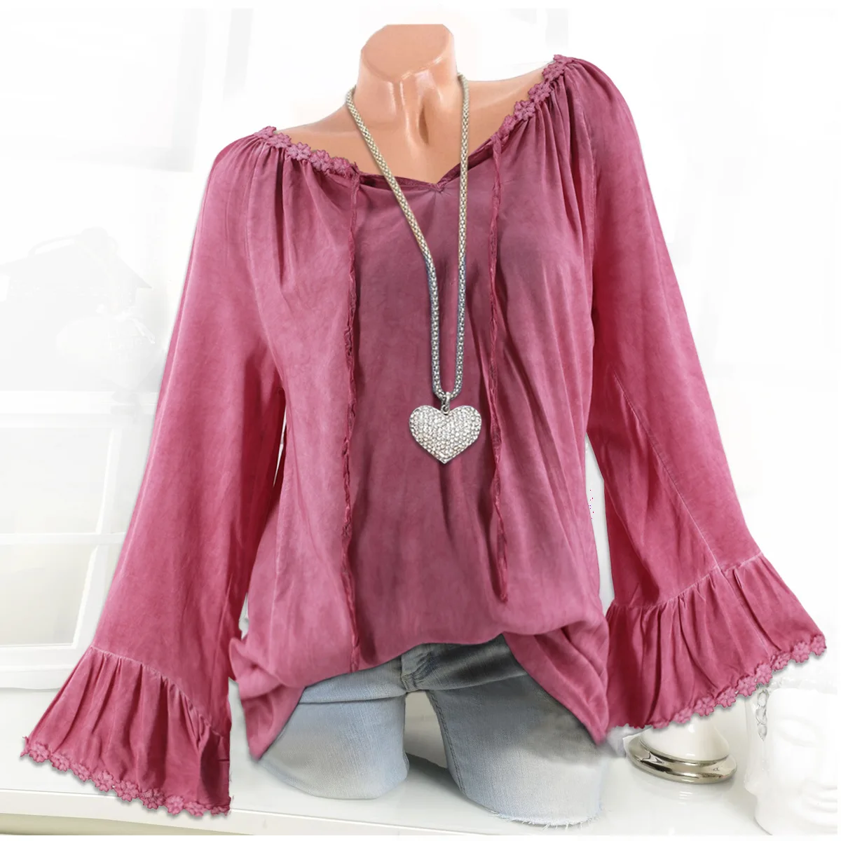 2019 Fashion Women Long Sleeve T-shirts Autumn Winter One-neck Lace Stitching Shirts Women Loose Tops Tees Clothes S-5XL THXDOLL