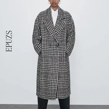 

Winter Houndstooth trench coat for women double breasted pockets long coat female chic office coat 2020 new