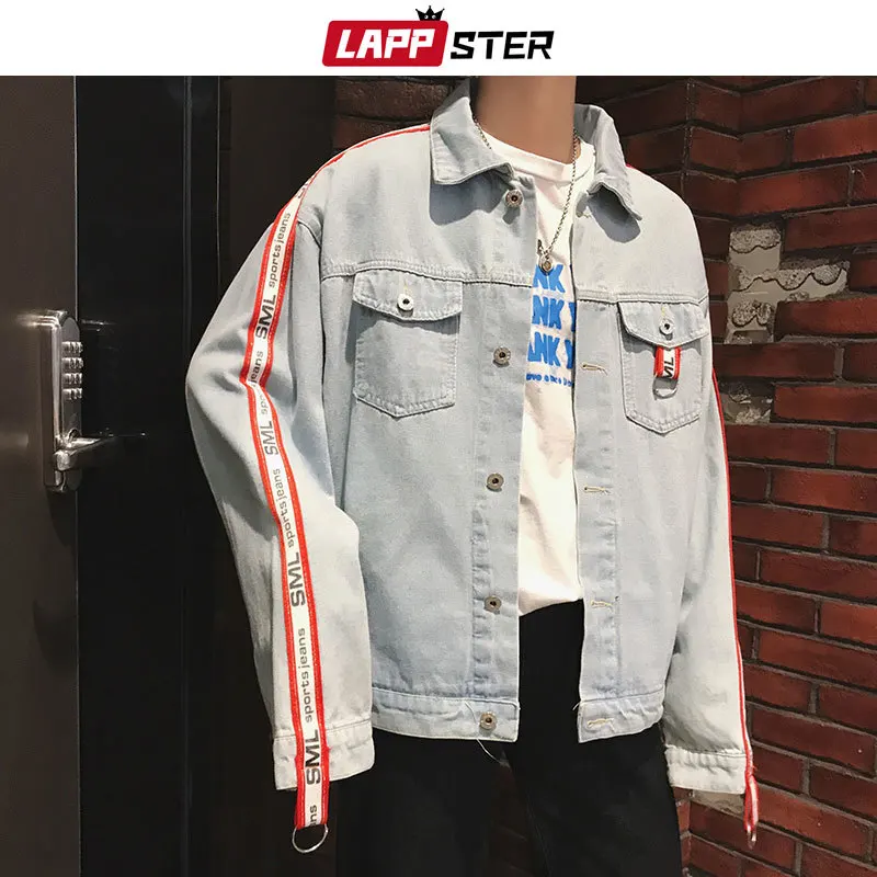 

Men Streetwear Side Striped Blue Jean Jackets 2019 Man Japanese Streetwear Harajuku Denim Jacket Windbreaker INS Ribbon