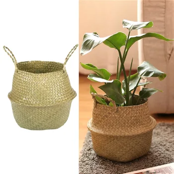 

Straw Storage Basket Foldable Handmade Seaweed Woven Garden Facility Flowerpot Hanging Toy Storage Basket(Yellow)