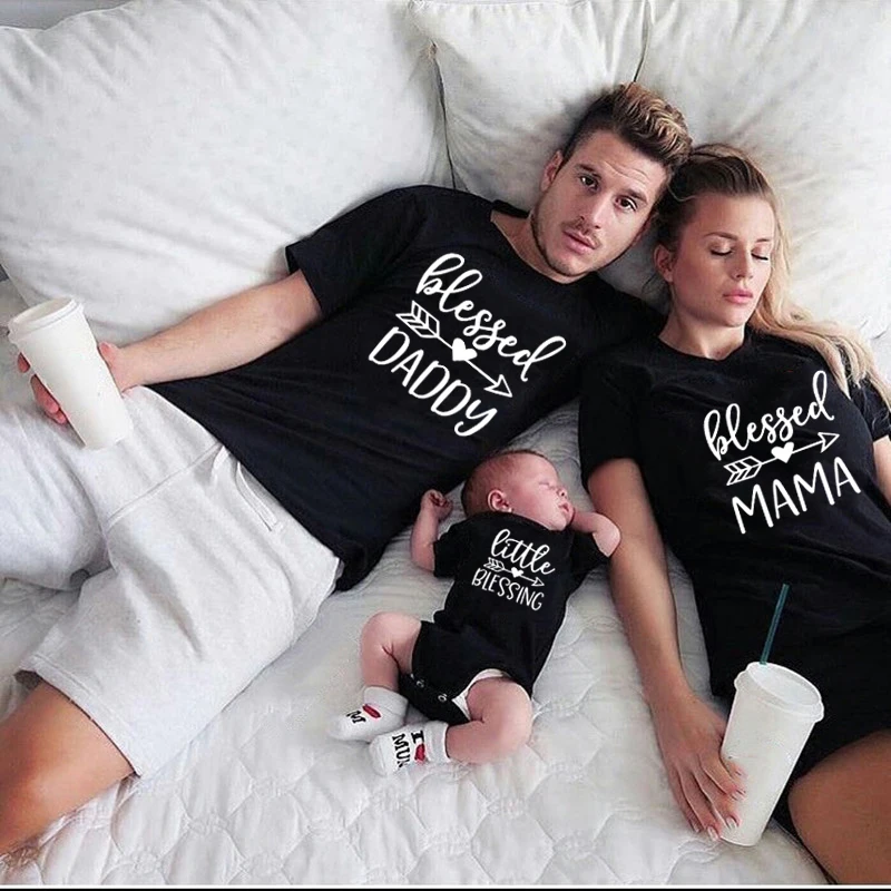 Mommy and Me Family Shirts Matching Daddy Blessed Mama Little Blessing Mother Daughter Dad Son Tops | Мать и ребенок