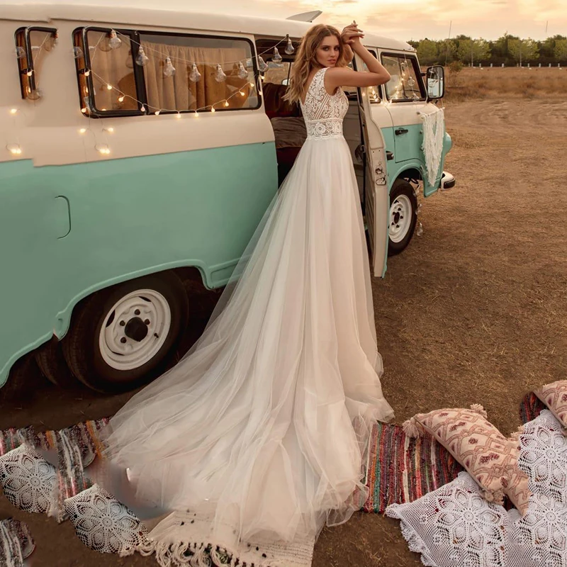 Wedding Dresses Boho V Neck A Line Lace Appliques Beach Vintage Bridal Gowns Bohemian Plus Size