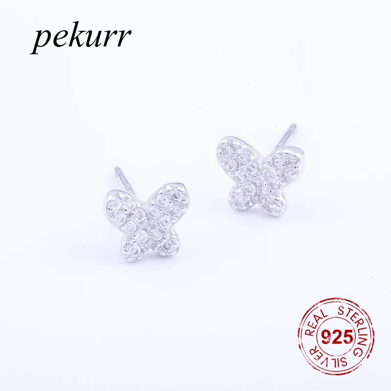 Pekurr элегантные циркониевые серьги-гвоздики с бабочкой 100% 925 пробы серебро CZ