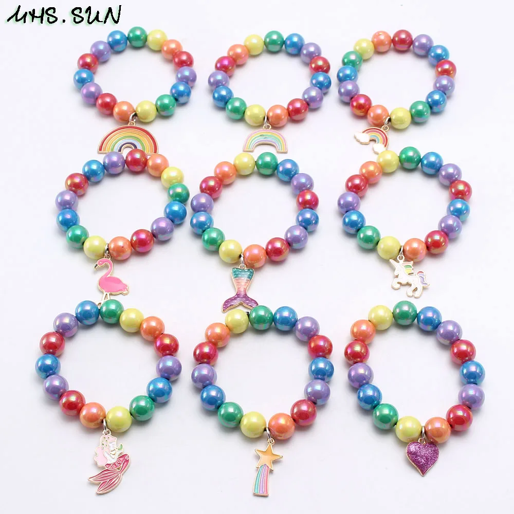 MHS. SUN, 9 шт, цветные, модные, детские, для девочек, Мультяшные, животные, подвеска, браслет, шарм, детские, эластичные, бусины, браслеты, детский подарок