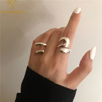 XIYANIKE 925 Sterling Silver High Sense Staggered Hollow Smooth Trend Irregular Curve Opening Ring Fashion Handmade Gift