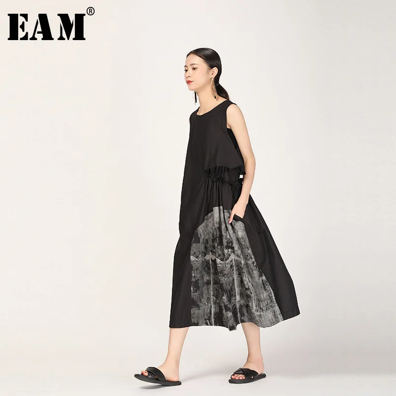 

[EAM] 2019 New Spring Summer Round Neck Sleeveless White Pattern Printed Pleated Temperament Big Size Dress Women Fashion JW448