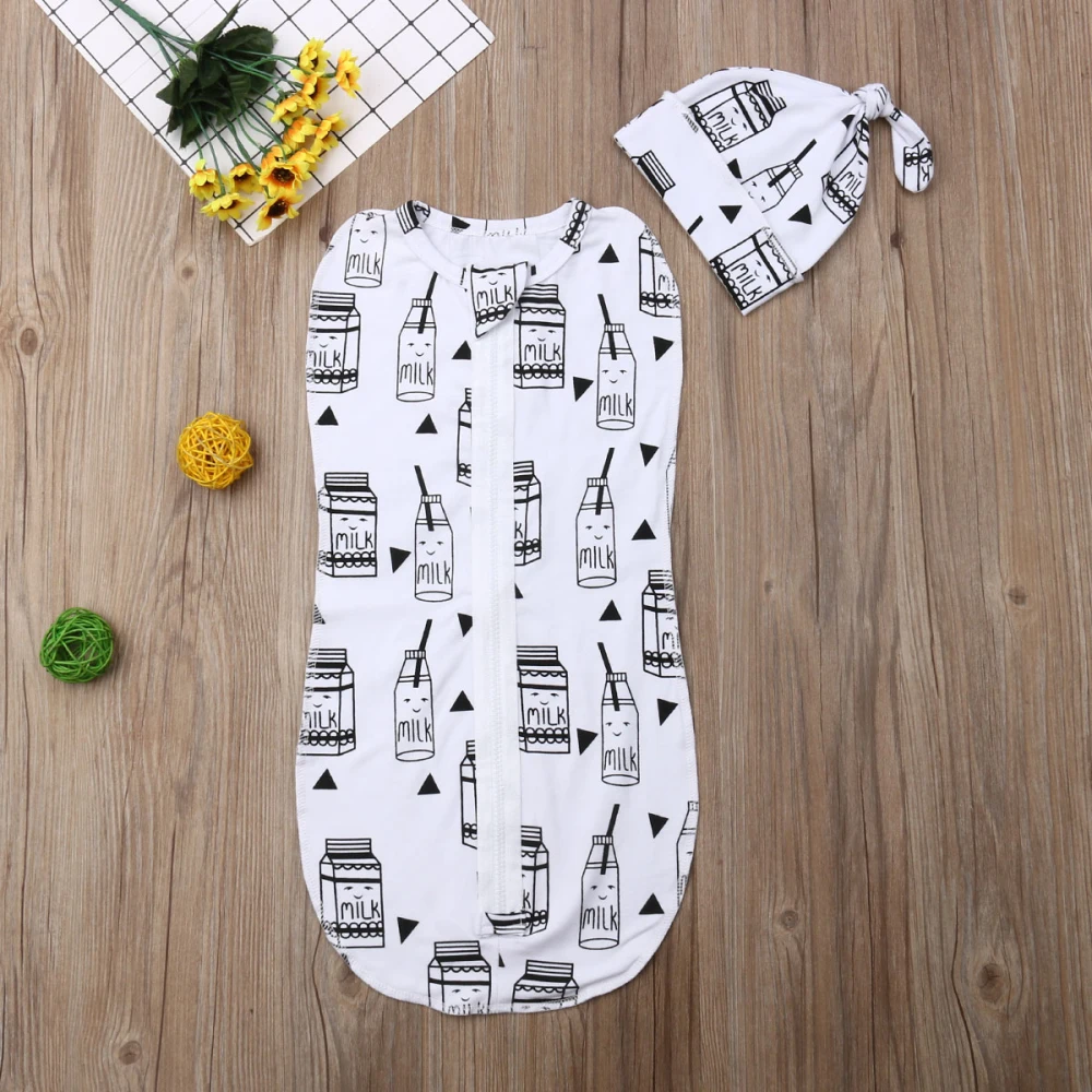 10 стилей, от 0 до 6 месяцев, одежда для сна для новорожденных мальчиков и девочек Хлопковое Пеленальное Одеяло на молнии спальный мешок, шапка, 2 предмета