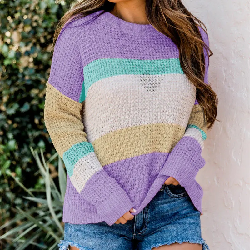 Женский свитер в радужную полоску с круглым вырезом и длинным рукавом | Женская