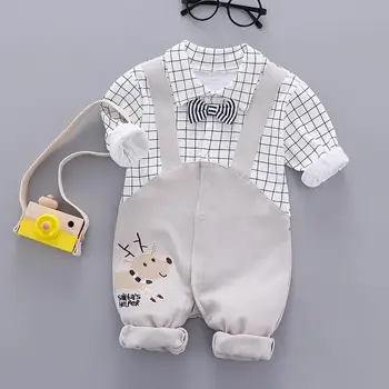 

Cute Infants Rompers Baby Boys Cotton Turn Down Collar Long Sleeve Plaid Printing Breathable Personality Fake Two-Piece Costume