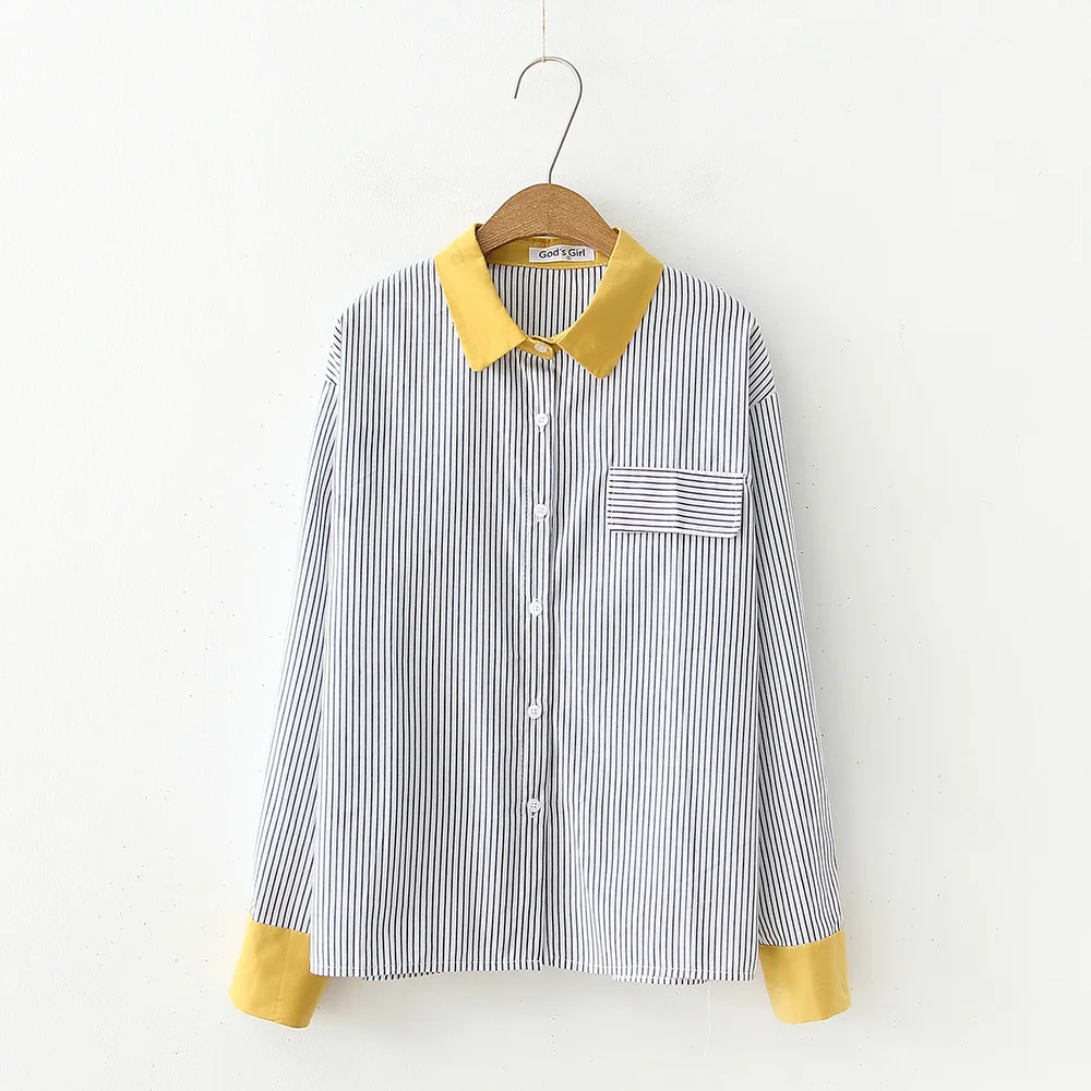 

Office Ladies Tops Long Sleeve Striped spliced Turn-down Collar Elegant Women's shirt blouse Workwear Button Down Shirts