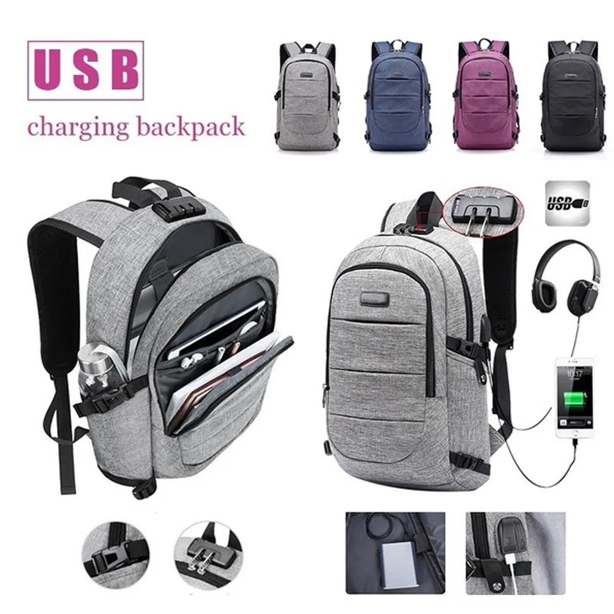 Многофункциональный 17," рюкзак для ноутбука Mochila, большой USB порт, мужской водонепроницаемый рюкзак, школьный рюкзак с защитой от кражи