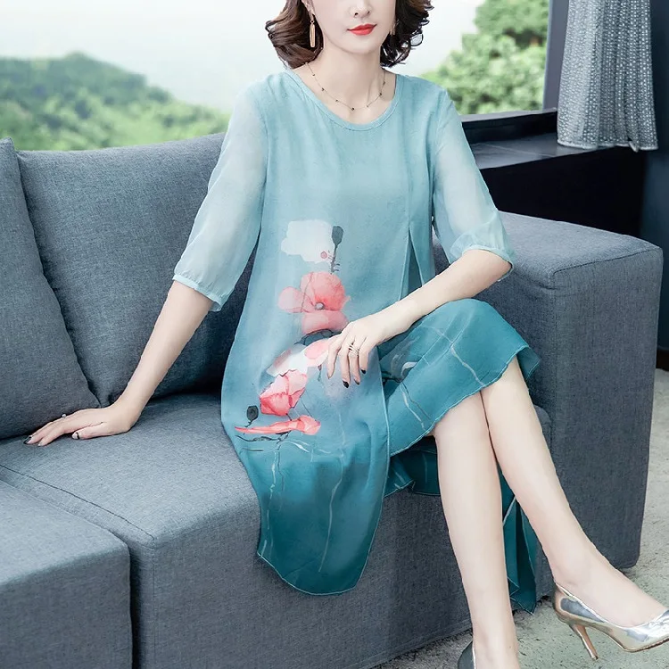 

2020 Spring Clothing New Style Mulberry Silk Ethnic-Style Printed Mid-length Vintage Silk Dress Women's Europe And America