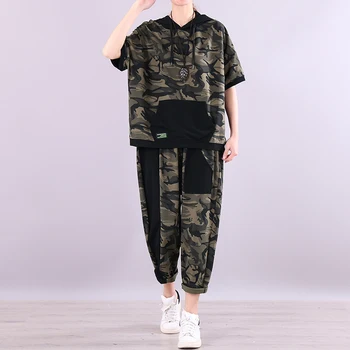 

Yalabovso Loose Camouflage Hooded Short Sleeve Shirts And Elastic Waist Pants Two-piece Suit Tracksuit Women Highstreet Sets