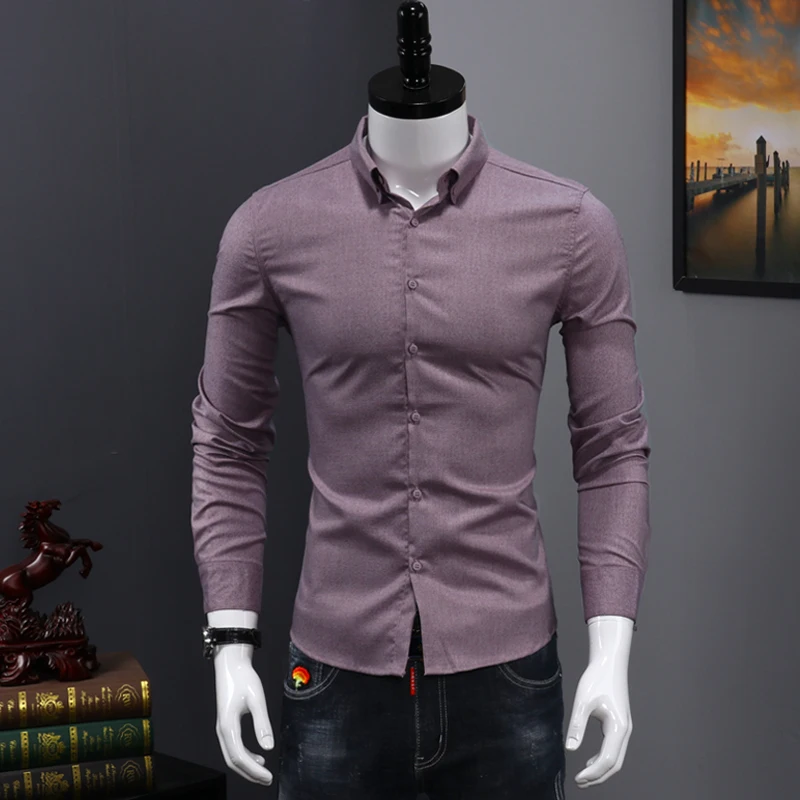 Non-iron мужские рубашки с длинным рукавом сплошной цвет Формальная деловая рубашка Брендовые мужские рубашки белые мужские топы - Цвет: Фиолетовый