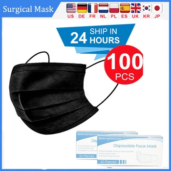 

30/50/100pcs Black Medical Mask Surgical Mask Face Mouth Masks Melt Blown Cloth Disposable Anti-Dust Earloops Masks
