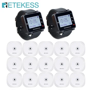 

Retekess T128 Restaurant Pager Wireless Waiter Calling System 2 Watch Receiver + 15pcs TD017 Call Button For Cafe Bar Clinic
