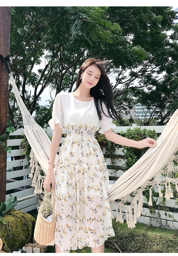 Платье oln Корея vestidos лето новая торговля, круглый вырез поддельные из двух частей шифоновый эластичный пояс Тонкий цветочный платье