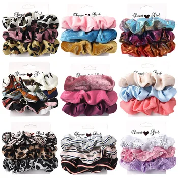 

3pcs/Set Velvet Flower Printed Scrunchies For Women Sweet Pure Color Satin Stretch Ponytail Holder Hair Rope Hair Accessories
