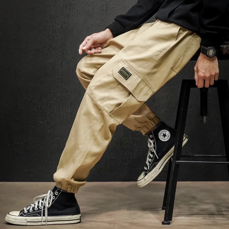 Pantalones Cargo de harén con bolsillo lateral para hombre, moda informal, bolsa para pantalones, Cinta Negra, Hip-Hop, para trotar