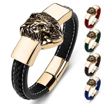 

Men Genuine Leather Stitching Lion Charm Titanium Steel Bracelets Europe and America Cool Punk Gold and Silver Bracelet Ornament