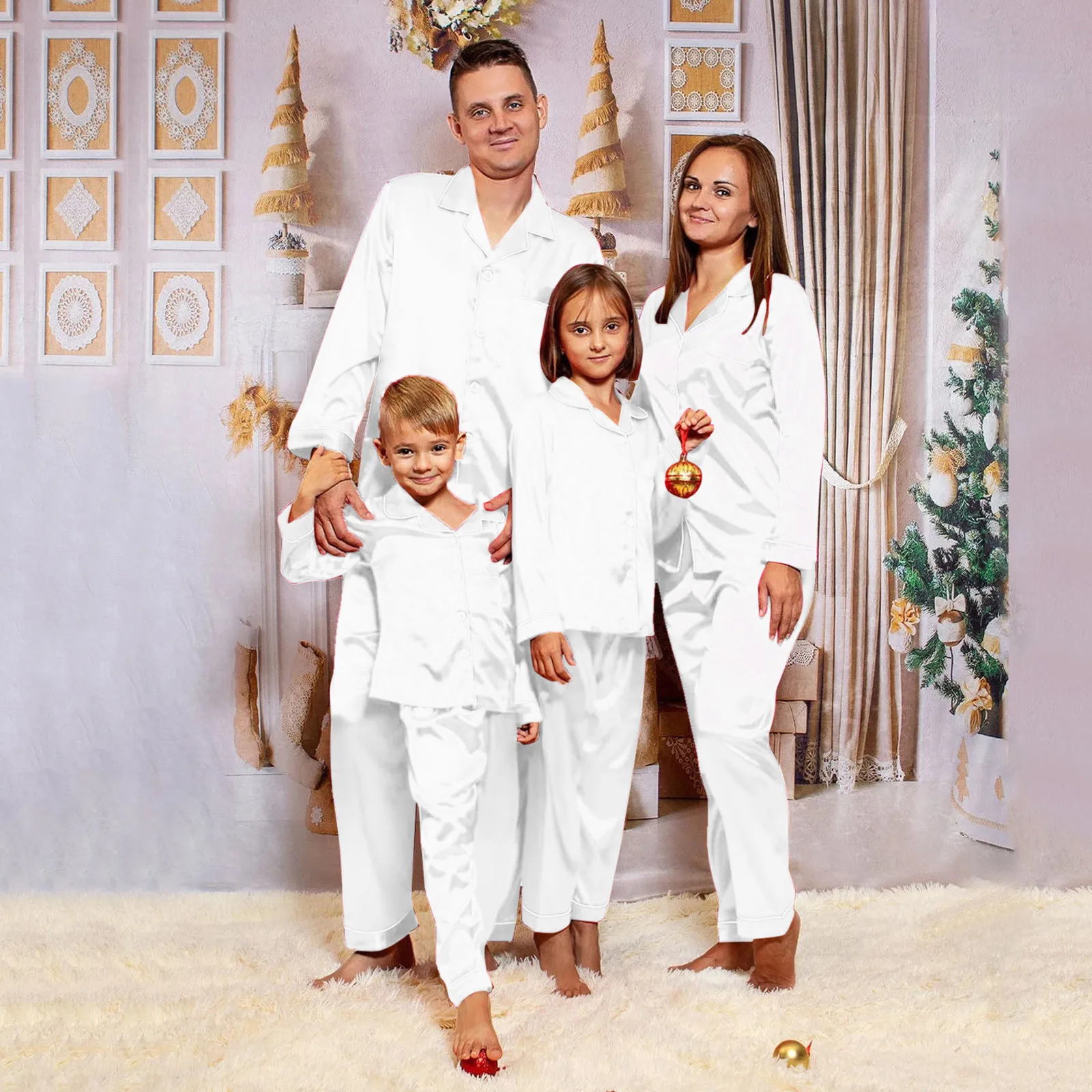 thumbnail image 1 of Pijamas de satén PJ's 2 piezas conjuntos de ropa familiar sólida de invierno conjunto de pantalones de dormir de manga larga para bebés, niños, niñas, mujeres y hombres navidad, 1 of 5