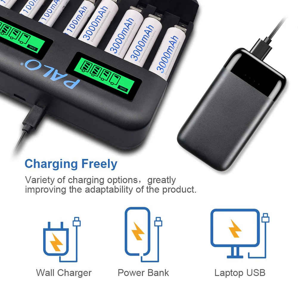 Зарядное устройство PALO 8 слотов с ЖК дисплеем USB умное зарядное для батарей AA AAA SC C