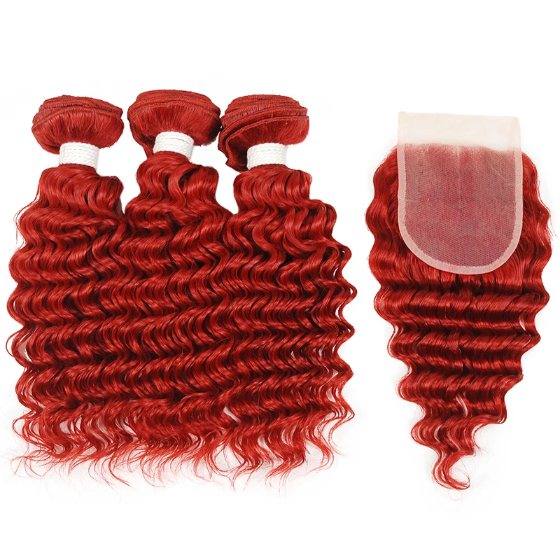 Красный Pinshair, 30, бордовые, глубокая волна, пряди с закрытием, красные, 99J, цветные, черные волосы, перуанские человеческие волосы, пряди с закрытием, не Реми - Цвет: Красный