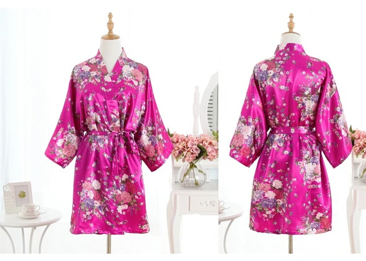 rose red Женский халат с цветочным рисунком, короткий халат, свадебное атласное платье для невесты, мини-кимоно, одежда для сна, банная одежда - Цвет: rose red