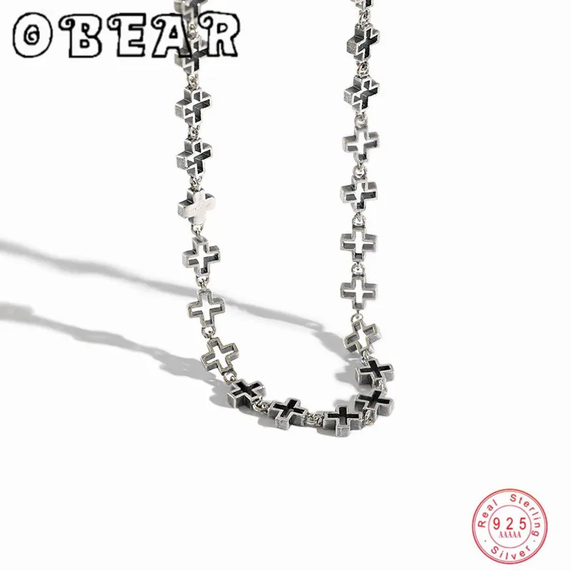 

OBEAR 100% S925 Sterling Silver Necklace INS 2020 New Retro Hollow Out Cross Necklace Fine Jewelry Accessory