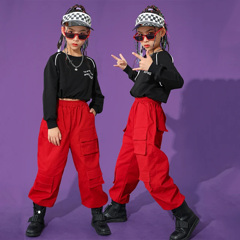 Kids Hip Hop Dance Clothes Black Sweatshirt Red Cargo Pants For Girls Long  Sleeves Rave Wear Modern Jazz Dance Costume B size 110CM Color Tops